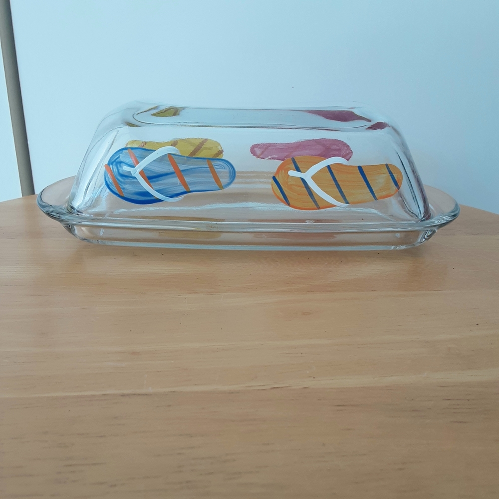 Glass Butter Dish, Hand-Painted Colorful Flip Flops, 1970s Kitchen Decor